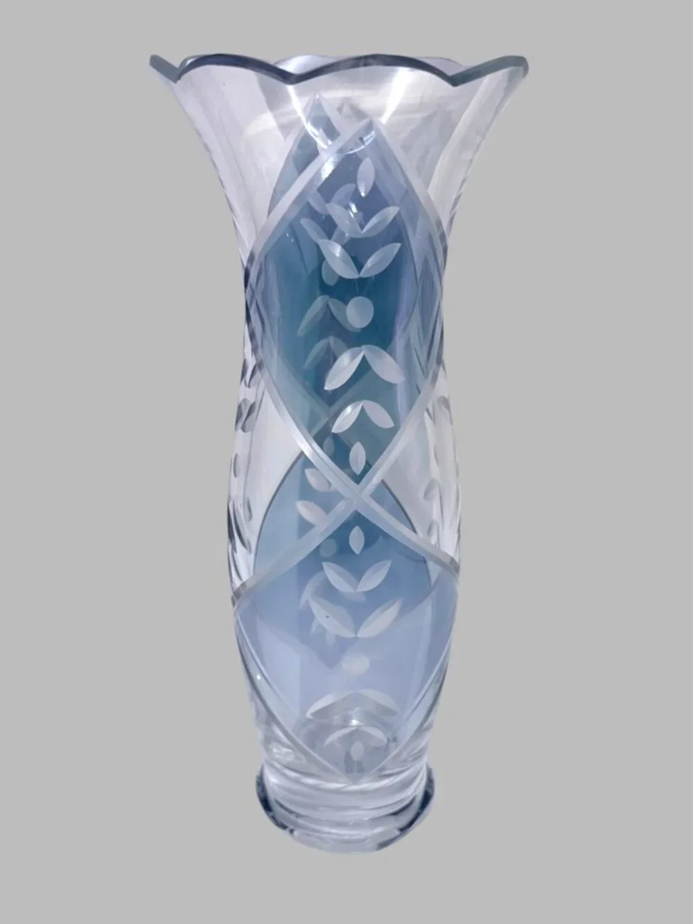 Vintage Bohemian Czech Blue Cut to Clear Art Glass Vase Scalloped 9